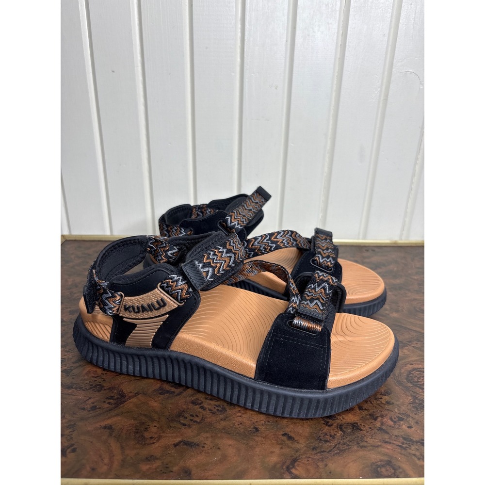 Kuailuo Womens Sport Sandals size 9 Strappy Hiking Outdoor Pattern Black Tan